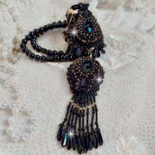 Black Habit Pendant embroidered with round Onyx stones, faceted pendants, faceted cylinder beads, facets and quality seed beads